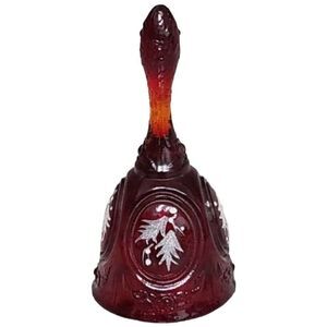 Vintage Fenton Ruby Red Amberina Handle, Bell, Christmas, Holly | Signed B.Nash